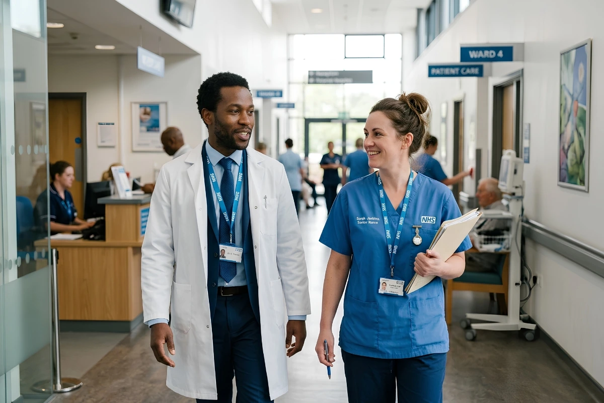 Diverse UK healthcare professionals in a modern hospital